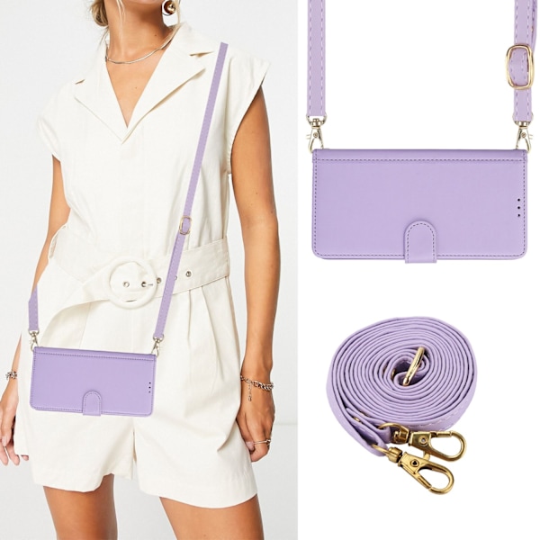 iPhone 16 PLUS -kotelo, violetti pitkä köysi, crossbody, putoamista estävä lompakkonahka