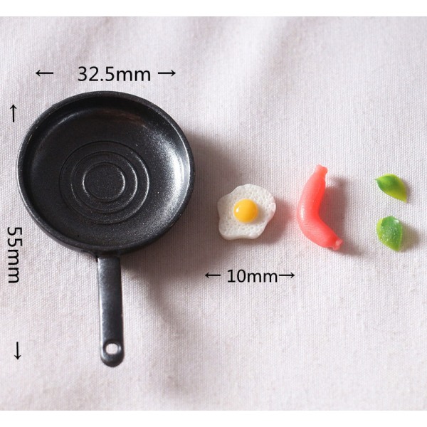 Miniatyr möbler Leksak Dockor Hus Gör det själv Dekoration Tillbehör Mini Pan Steak Ägg Korv Stekpanna Black