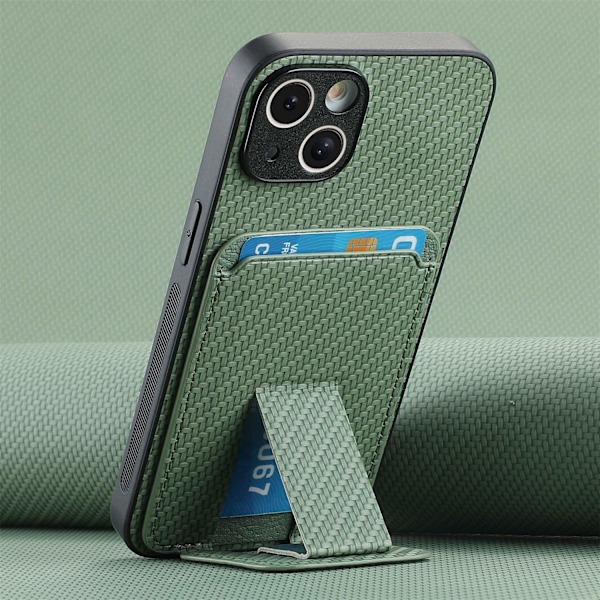 Kotelo iPhone 16 Pro Max -puhelimelle, vihreä, monikulmainen tuki, hiilikuitukuvio, korttipaikka, hieno h