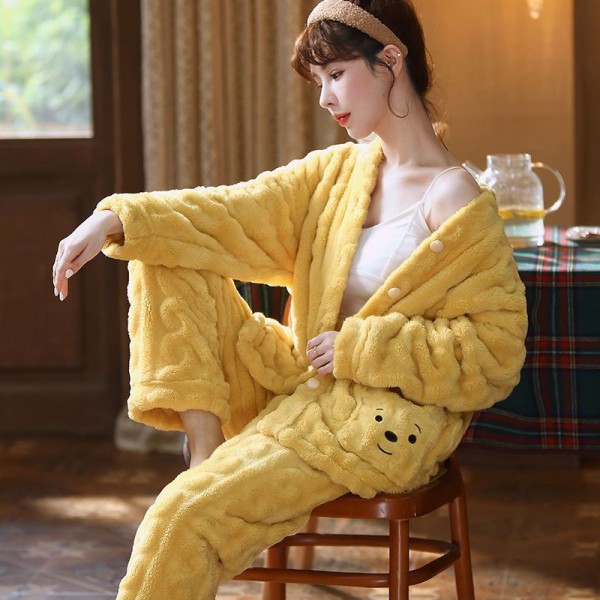 Flanelli korealainen versio pyjama naisten talvi paksu koralli sametti opiskelijat söpö kulumista kotivaatteet lämmin puku yellow XXL(135 kg -150 kg)