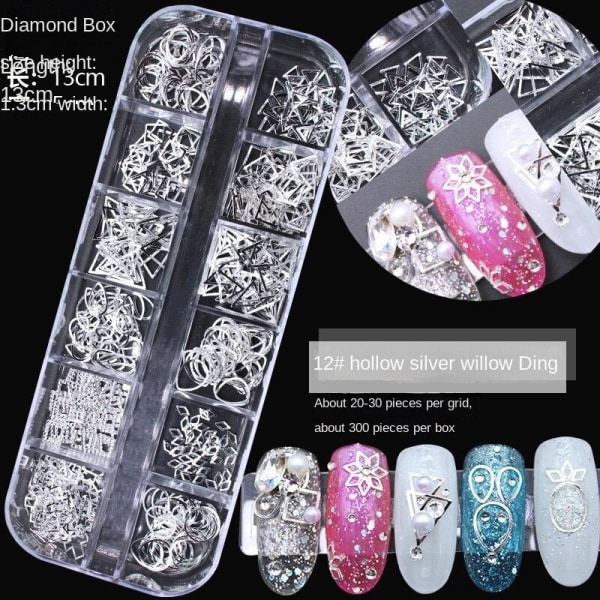 Kynsikoristeet nail art varten 12 Ristiä Iso Laatikko Nail-niitti Metallimateriaali Paljetit 12# hollow silver Rivet