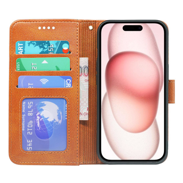 Kotelo iPhone 16 Pro Max -puhelimelle, keltainen läppälompakko vasikannahkaa valokuvakehyksellä ja jalustalla, nahkaa