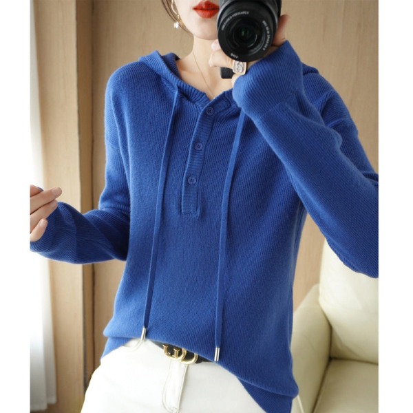 Damestrik efterår vinter sweater hættetrøje i koreansk stil løs afslappet enkel hætte Klein blue M