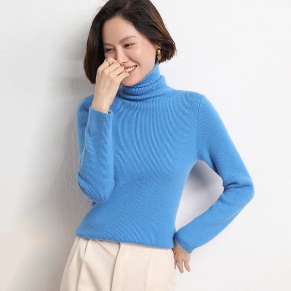 Kvinder Strik Efterår Vinter Sweater Pile Krave Tight Bottoming Skjorte Slim Fit All-Matching High Neck Haze blue XXL