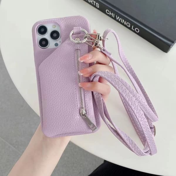 Etui til iPhone 15 Pro lilla glidelås kortholder justerbart tau solid litchimønster anti fa