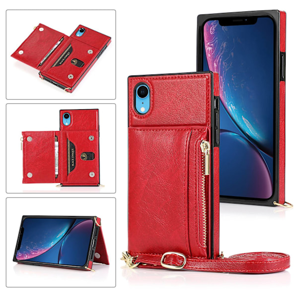 Etui til iPhone 14 rød crossbody læder multifunktionel lynlås pung