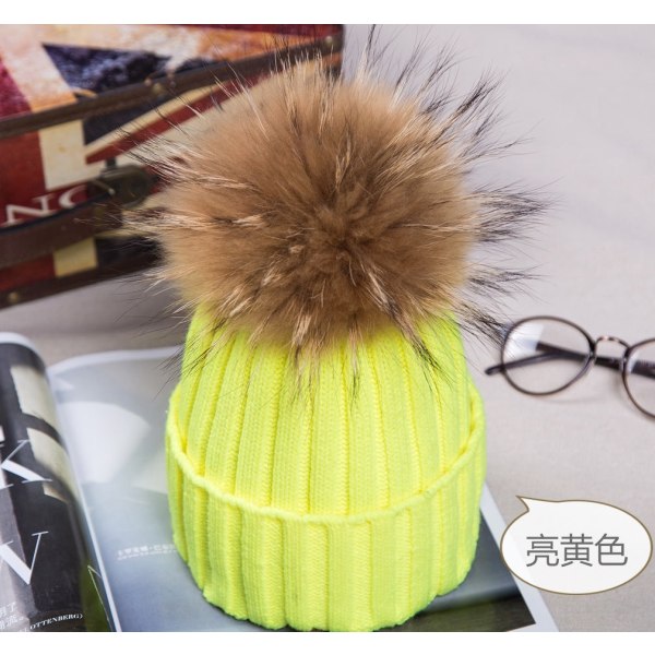 Varm vinterstickad mössa Höst Curling Öronskydd Koreansk stil Plyschboll Ull unisex Raccoon Fur 15cm bright yellow M