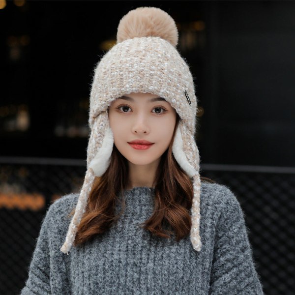 Varm vinterstrikket huehatte 2022 Efterår og vinter Hardware Etiket Hat med blandet farve Damer Fleeceforet Unisex Khaki M