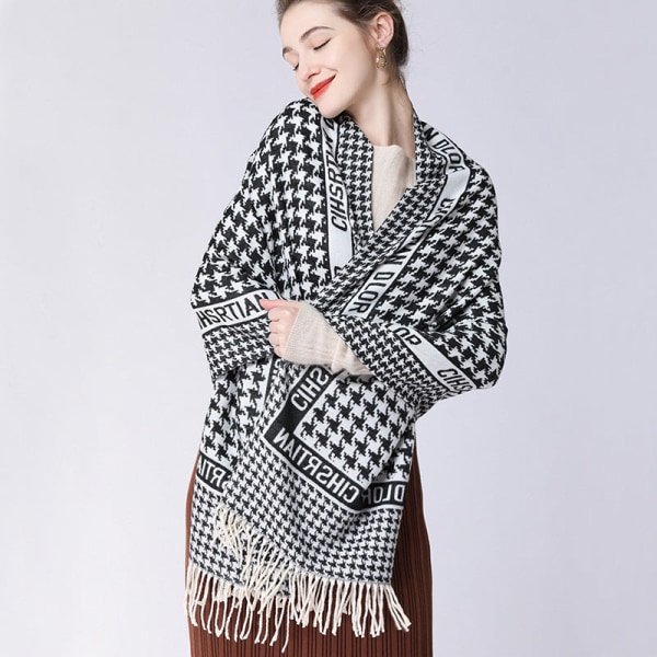Dame tørklæde sjal 2022 vinter fortykket varm solbeskyttelse G grid-black and white 180cm