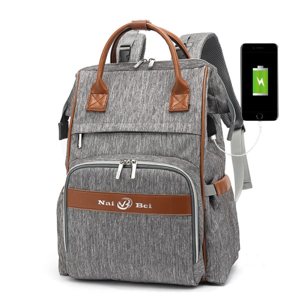 Pusletasker Mommy Bag Rygsæk Mode Multifunktionel USB-port med stor kapacitet gray