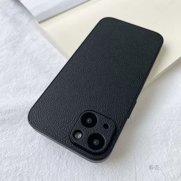Fodral för iPhone 14plus Litchi svart läder fullt anti-fall enkelt solid high end nisch