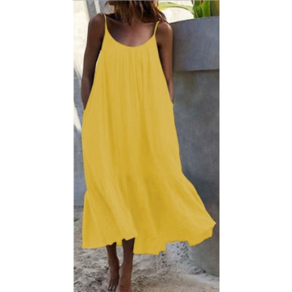 Flæsede ensfarvede kjole Ærmeløs løs spaghettirem formel kjole Yellow L