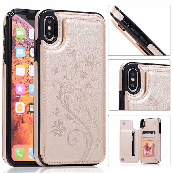 Fodral för iPhone 14 Pro guldpräglad fjäril dubbelspänne korthållare läder