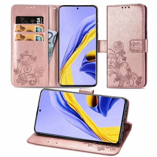 Fodral till iPhone 13 Pro Roséguld fyrklöver präglat kortfack plånbok läder