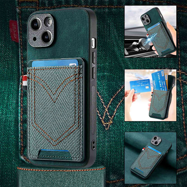 Fodral för iPhone 14 Plus, grönt läder, korthållare, denimficka