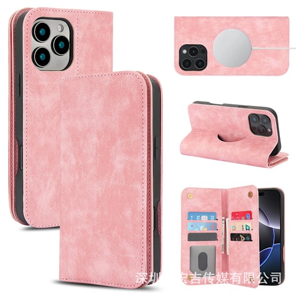 iPhone 13 -kotelo, vahva magneettinen langaton lataus, pinkki [T monikorttilatausmalli] nahka