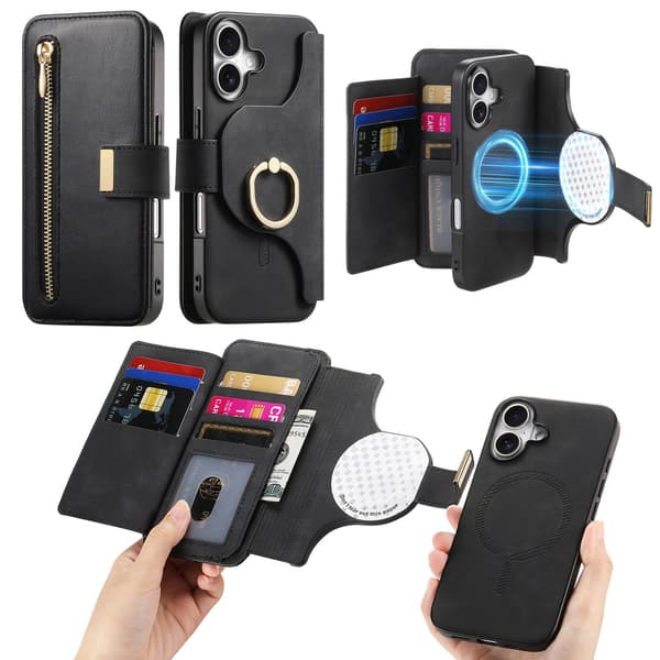 Etui til iPhone 16 svart magnetisk separasjon hurtigutløsende flip