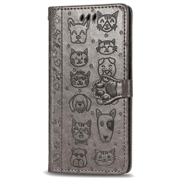 Etui til iPhone 13 Mini Grå Kat og Hund Præget Læder Etui Kat