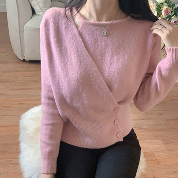 Kvinder strik efterår vinter sweater blid niche off-the-skulder talje trim kort top Pink 51*96*52cm