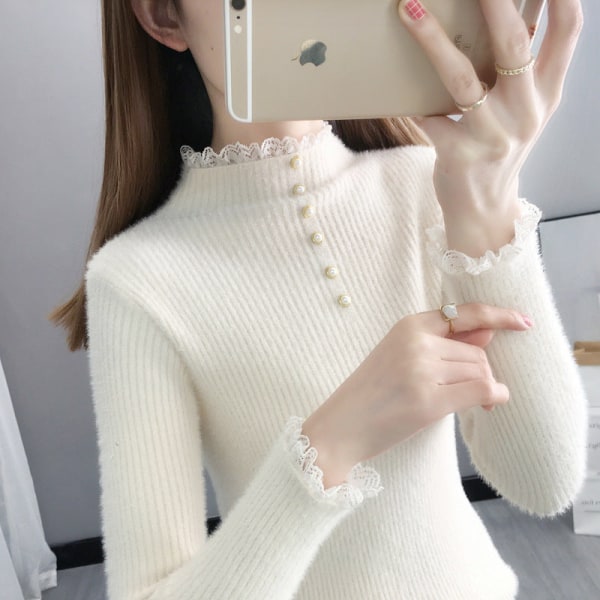 Kvinder Strik Efterår Vinter Sweater Mink Pels Halv rullekrave Blonde Indre Match Stram bundskjorte Apricot M