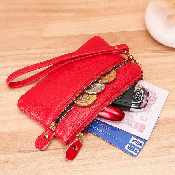 Naisten kolikkokukkaro Kytkin litsi-kuvioinen lyhyt nahkainen vetoketjullinen avainlaukku monitoiminen lompakko Red