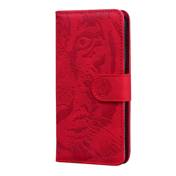 Fodral för iPhone 14 Pro Max 6.7 Rött präglat tiger skin läder kortplats flip plånbok