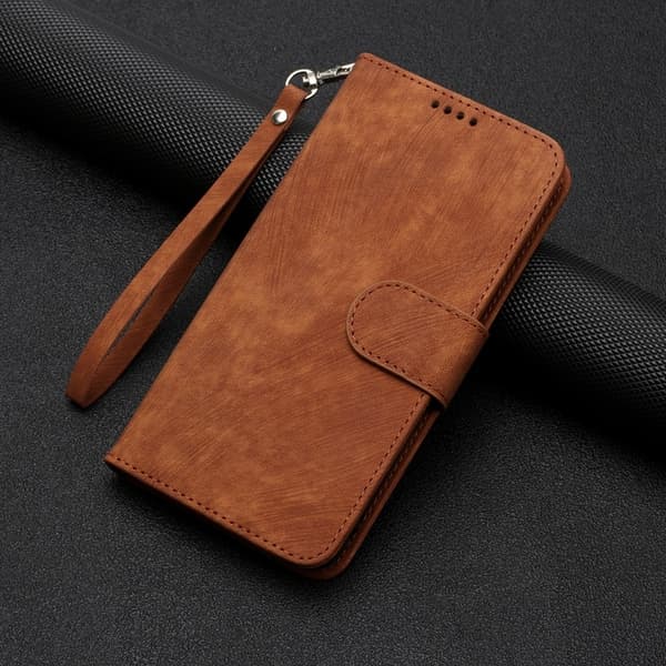 Etui for iPhone15 stripet dobbelt brettet kant brunt solid lær