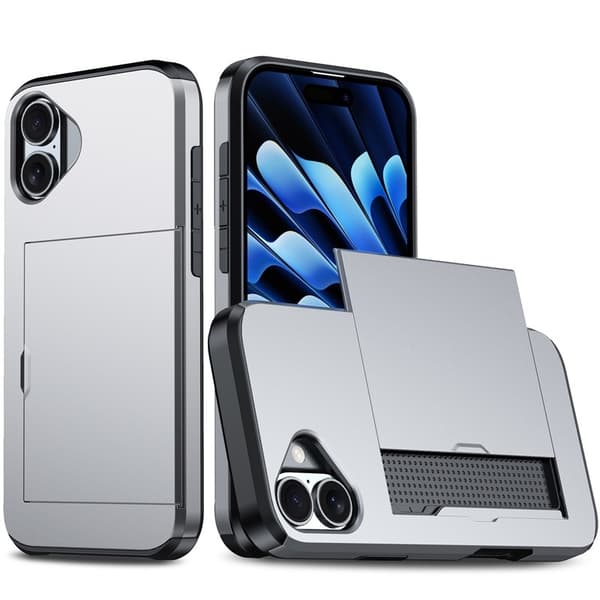 Etui til iPhone 15 Plus 6.7 Grå skyvbart kortspor anti-fall hardt lommebok