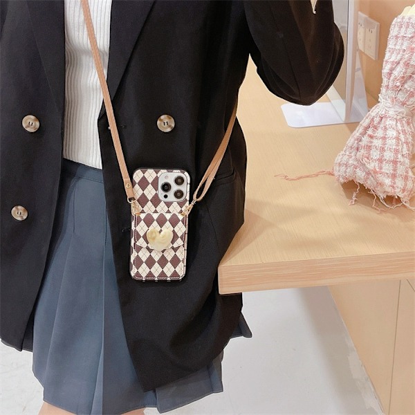 Fodral för iPhone15 Diamanthjärta Korthållare Brun Rem Crossbody Krokodilmönster Myntväska