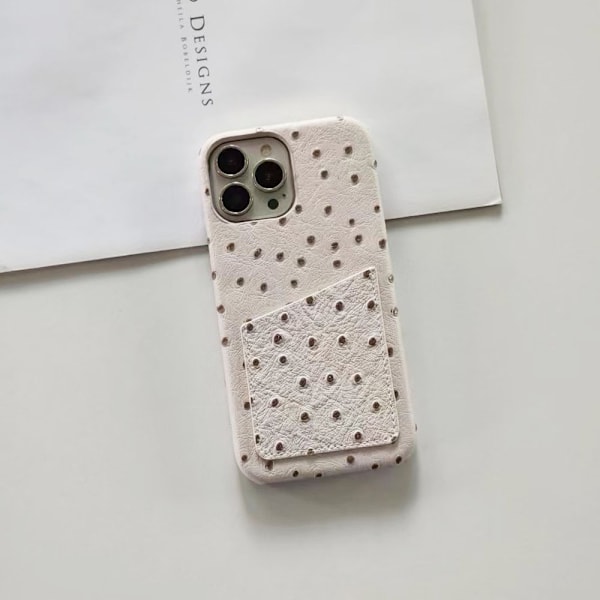 Kotelo iPhone 16plus -puhelimelle, valkoinen strutsimainen kuvio, kolikko- ja korttipidike, lämmönpoisto