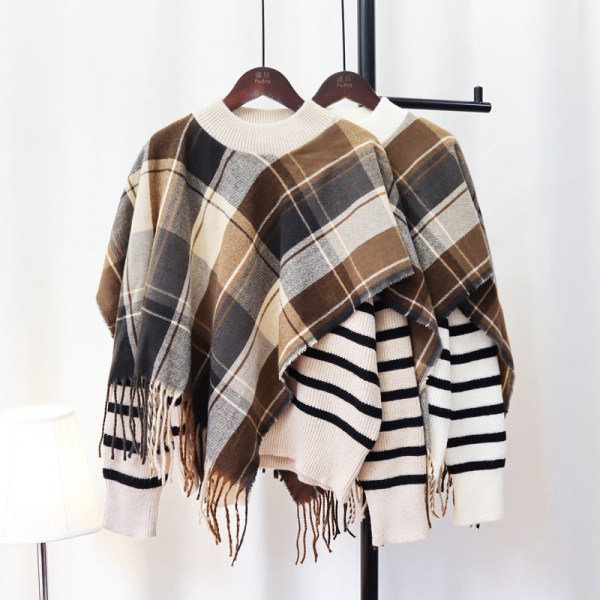 Strik til kvinder efterår vinter sweater falsk todelt sjal løs stribet sweater sweater Beige 56*114*49cm