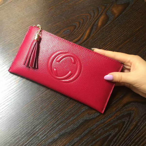 Kvinner lommebok myntveske Enkel ultratynn ekte skinnkvast Lang glidelås Myk kuskinn Clutch kortholder Rose Red