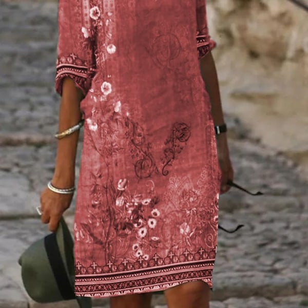 Etnisk print afslappet kjole med V-hals Khaki XL