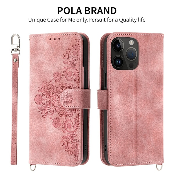 Kotelo iPhone 16 Plus -puhelimelle, vaaleanpunainen kohokuvioitu nahkalompakko, monitoiminen, täysi suoja, korttipaikka Kyocera