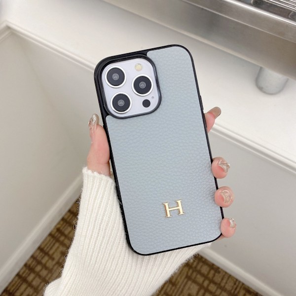 Fodral för iPhone 13pro max lychee mönster full H gråblått läder trendigt märke