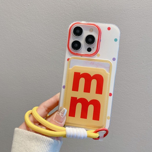 Etui til iPhone15PROMAX kortholder gul bund MM polka dots enkelt skal prik snorholder tra