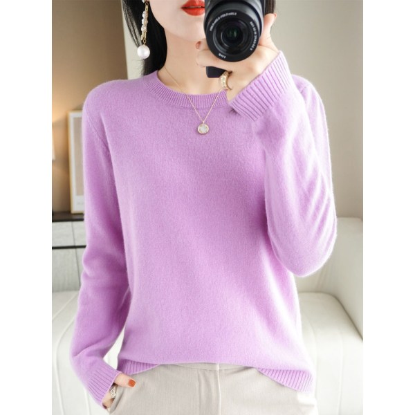 Strikkevarer for kvinner Høst Vinter Genser Ensfarget genser med rund hals Langermet slankende bunn Light purple 100*59*59cm