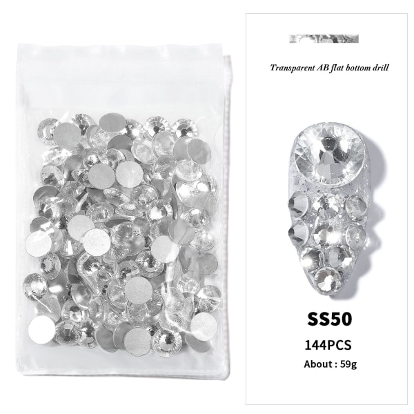 Negledekorasjoner for Nail Art Botting Drill Transparent AB Diamond DIY-dekorasjoner Gullbunn Sølvbunn SS50 White Diamond (10)144
