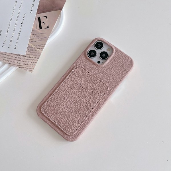 Fodral för iPhone 14plus hudrosa korthållare litchiläder enkelt mönster