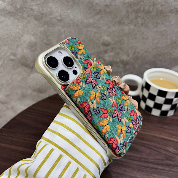Kotelo iPhone 14 Pro Max -puhelimelle, kukka-perhoskuvio, magneettinen puinen pidike, korttipaikka erikseen