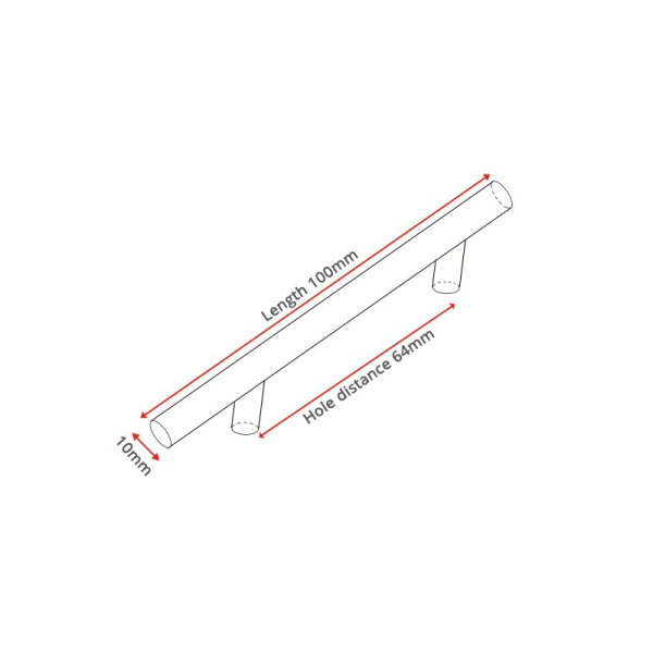 Gull kjøkkendør T-stang Rett håndtak Knotter Skap Trekk Diameter 10mm Rustfritt stål Håndtak 64mm