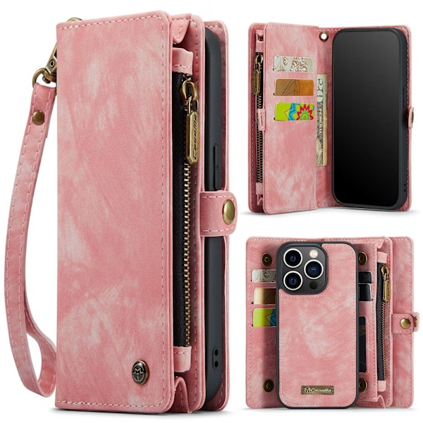 Etui til iPhone 13 Mini Rose gull multifunksjonell to i ett delt skinn glidelås lommebok