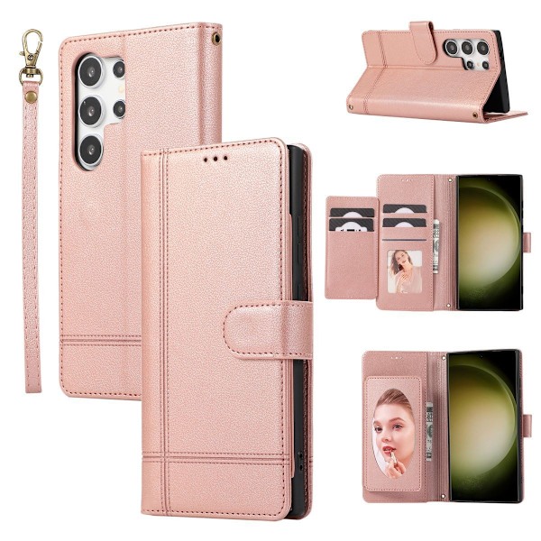 Fodral för iPhone 15 Plus roséguld armband solid multi-kort modeplånbok multifunktion ca