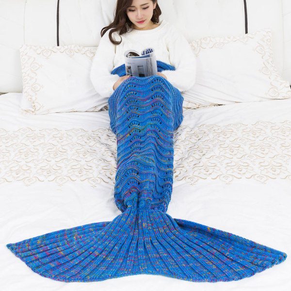 Ontto aallotettu merenneitopeitto villaneulottu sohvapäällinen cover makuupussi Lake Blue 180*90cm