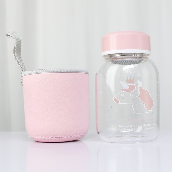 Kids Water Drikkeflaske Søt for barn Enkel Unicorn Glass Minalist Portable Leakproof White Horn 450ml