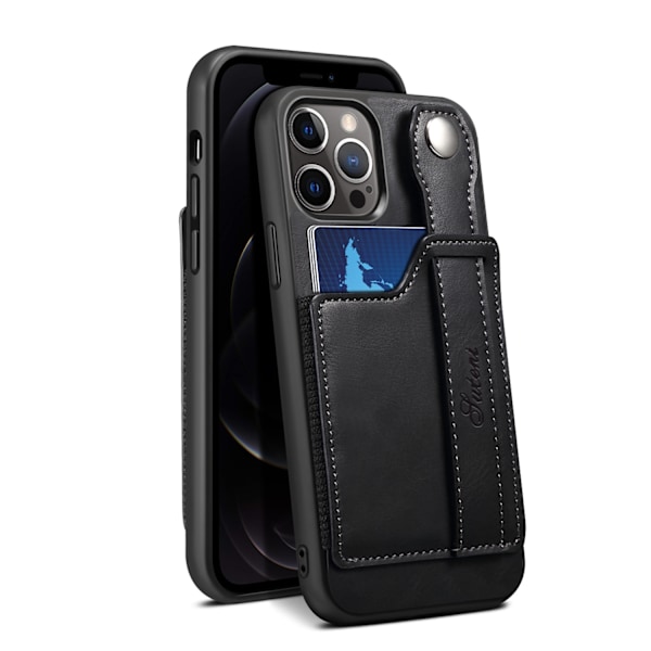 Fodral för iPhone15Plus svart kortplats läder handledsrem baksida