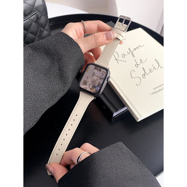 Klockarmband för Apple Watch iWatch S10 42mm 8mm/40mm/41mm universal japanskt spänne äkta läder - Starlight Beige