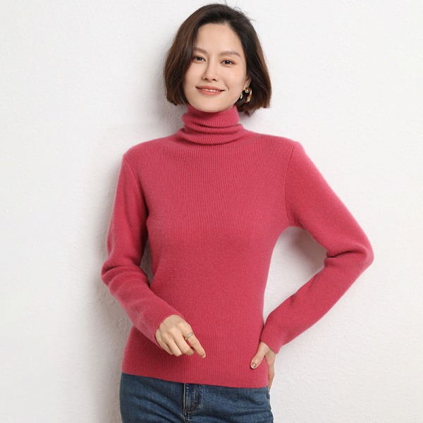 Kvinder Strik Efterår Vinter Sweater Pile Krave Tight Bottoming Skjorte Slim Fit All-Matching High Neck Cameo Red S