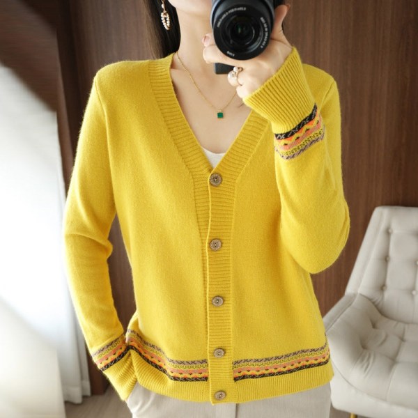 Kvinner Strikket Høst Vinter Genser V Krage Jacquard Strikket Cardigan Ytre Wear Coat Yellow 59*94*58cm