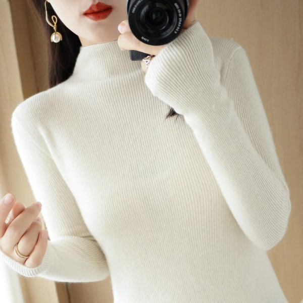 Kvinnor Stickat Höst Vinter Tröja Halv Turtleneck Slim Bottoming Skjorta Mode Inner Match Tight White 37*58*57cm